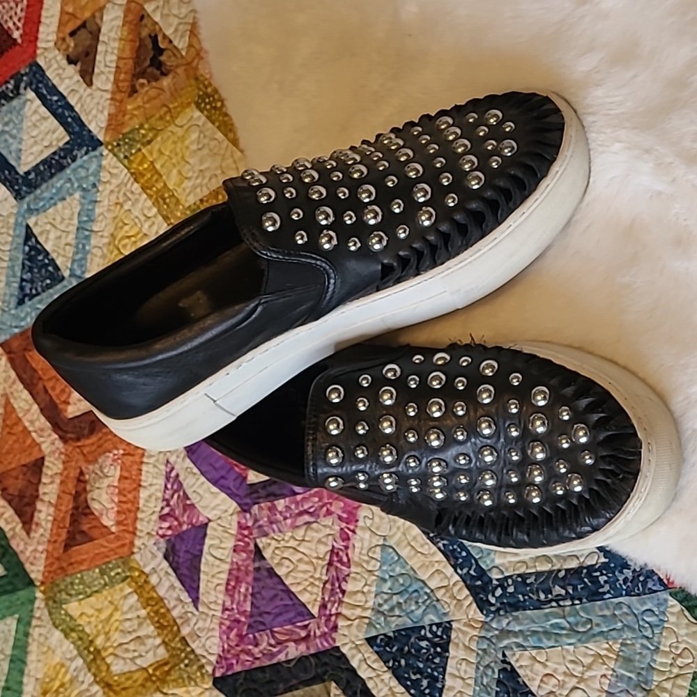 J/Slides ATZ Black Studded Leather Roco Biker Punk Goth Slip On Casual Slides